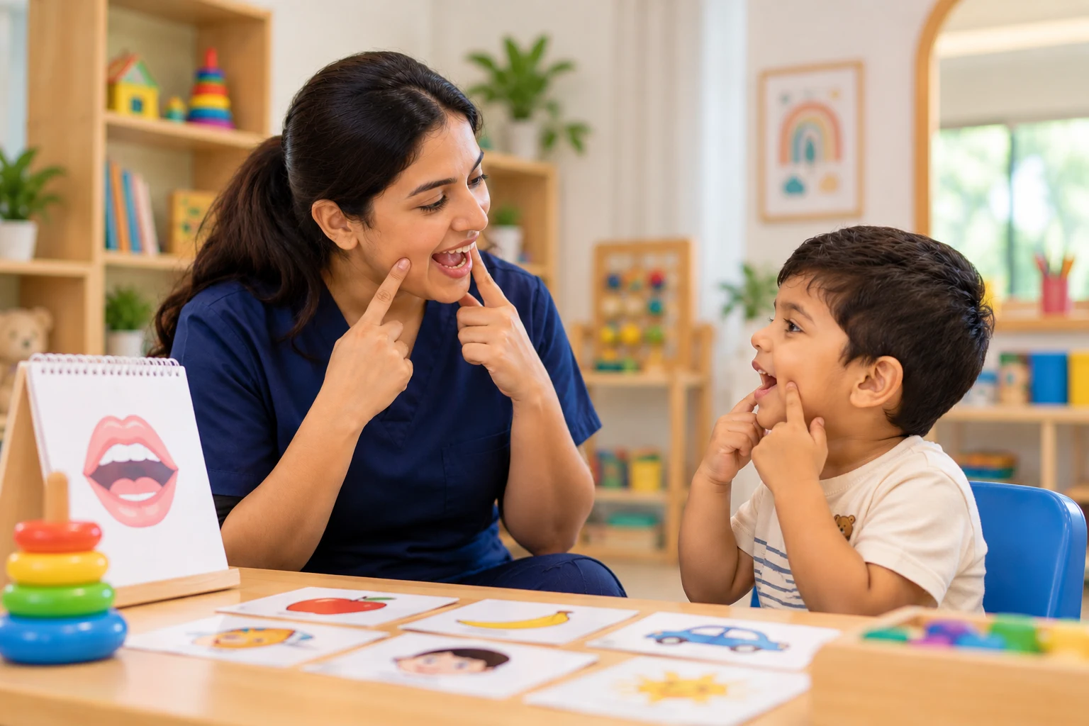 Speech therapist playing and talking with a child during a speech therapy session in Delhi